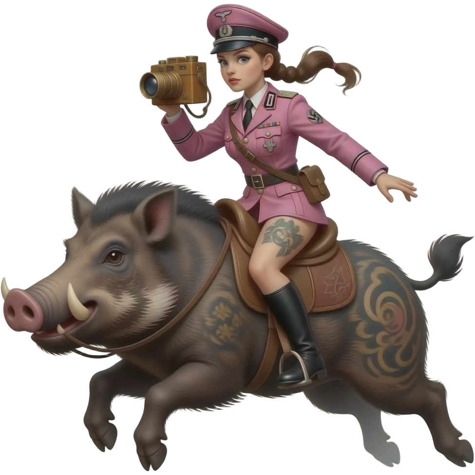 steampunk - creepy female rider in pink WWII German army uniform jumping on a large tattooed boar with a wooden daguerreotype camera emoji