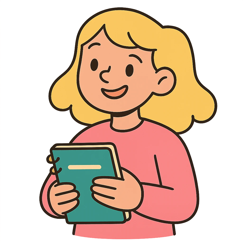 A blonde girl wearing a pink sweater, holding a notebook in her hands, smiling emoji