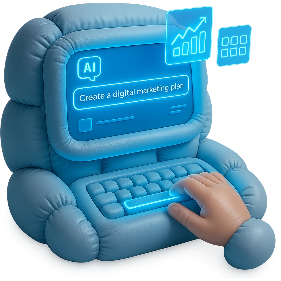 A sleek, modern workspace in neon blue lighting. A hand types ‘Create a digital marketing plan’ into an AI chatbot interface (ChatGPT-style), and the screen glows with graphs, content calendars, and digital marketing charts animating out of the screen in a 3D futuristic style. High-tech background, cinematic lighting.” emoji