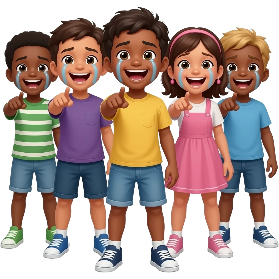 UNOS NIÑOS QUE SE ESTÁN RIENDO MUCHO. LOS NIÑO ESTA EN BUENA FORMA. CUERPO COMPLETO. QUE ESTÉ LLORANDO DE LA RISA. QUE SEA NEGRO. QUE PAREZCA QUE SE ESTAN BURLANDO A LA CAMARA. QUE SEÑALEN A LA CAMARA emoji