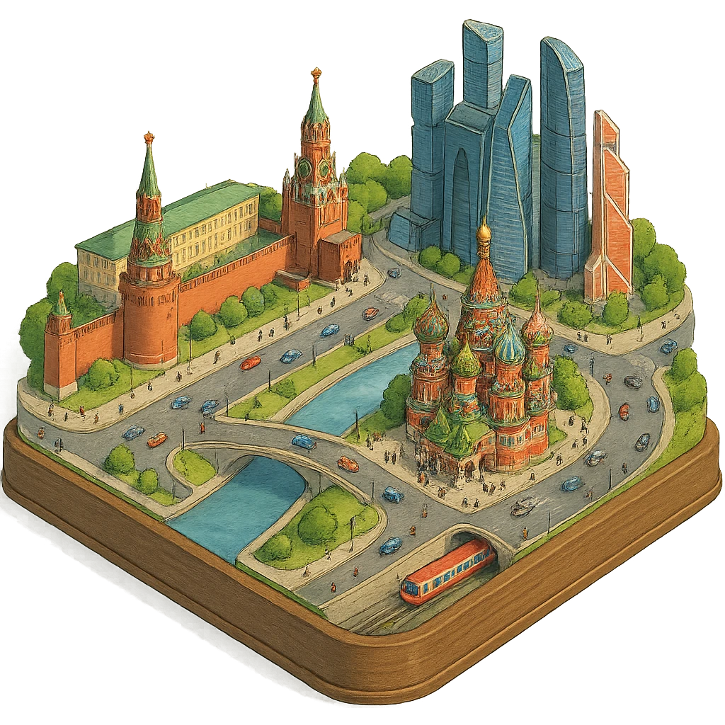 Изометричная миниатюрная 3D модель Москвы на подставке - фотореалистичный Кремль, собор Василия Блаженного, фотореалистичный Башни Москва-Сити, аккуратная детализация, яркие цвета, мультяшный реализм, гуляют люди и современный автотранспорт и метро, компактная композиция, вид сверху в изометрии, прозрачный фон emoji