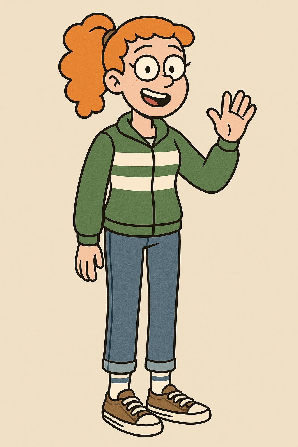 A girl Orange curly ponytail white green stripes ddre sshair jacket jeans blue sports striped socks brown converse women's chuck taylor all star shoreline slip on casual shoe wave and say hello emoji