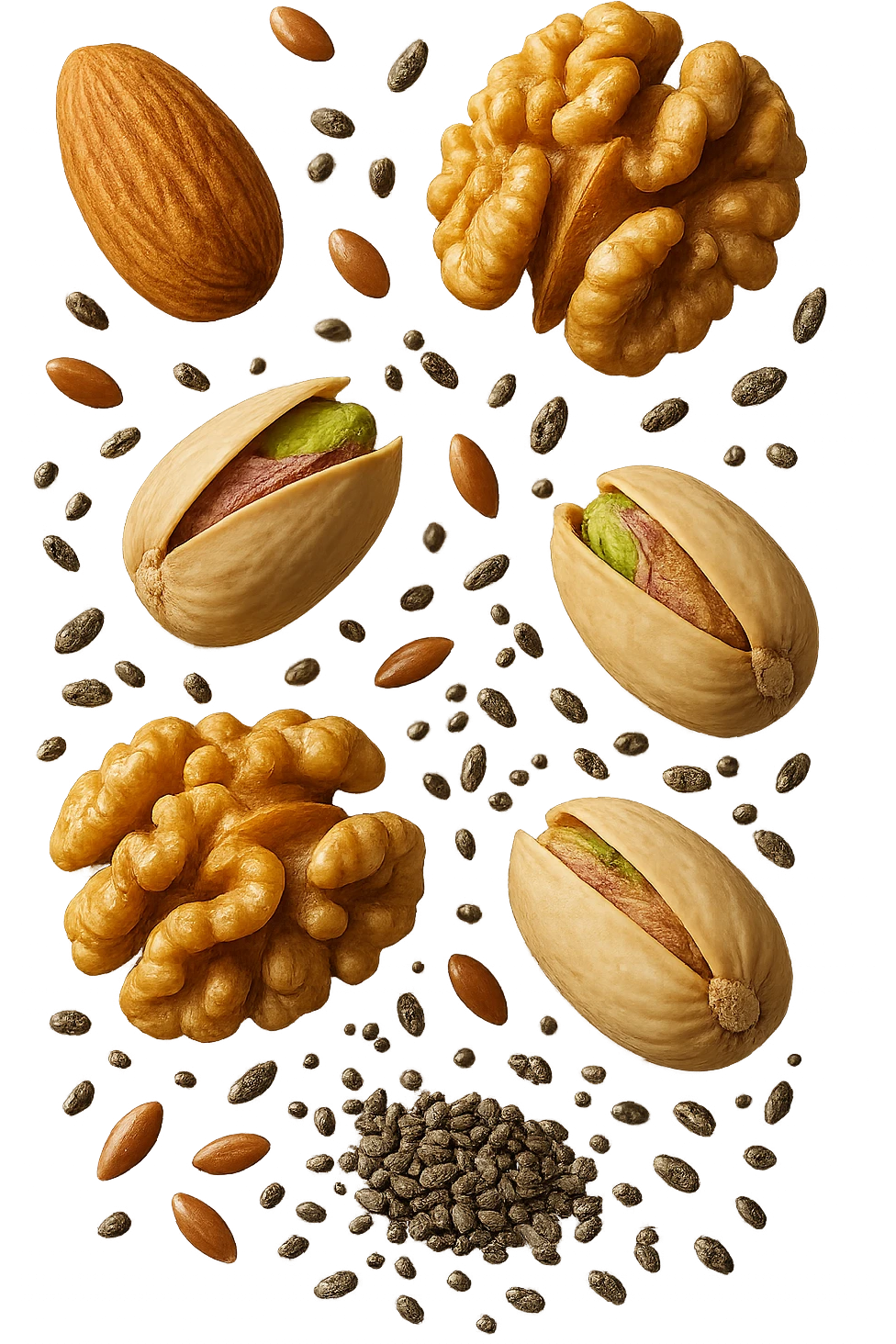 Mandorle, noci, pistacchi, semi di lino e di chia FLUTTUANO IN ARIA, IPERREALISTICO 4K emoji