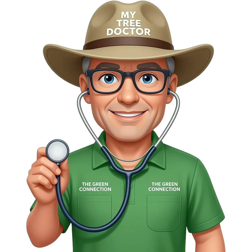 Friendly middle-aged man blue eyes. Dark rectangle glasses, in green-collared, long-sleeve shirt.  Flatter wider-brim Australian Akubru hat. Holding a stethoscope. Insert 'THE GREEN CONNECTION' in white directly onto the left pocket & onto the right pocket, place only the words 'MY TREE DOCTOR' emoji