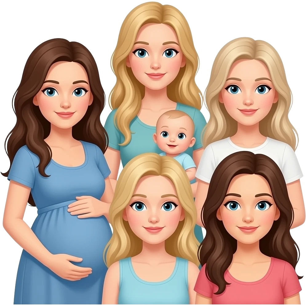 5 Caucasian women with long hair: 1 brunette whose pregnant, 1 dirty blonde tall, 1 dirty blonde with baby, 1 blonde, 1 brunette emoji