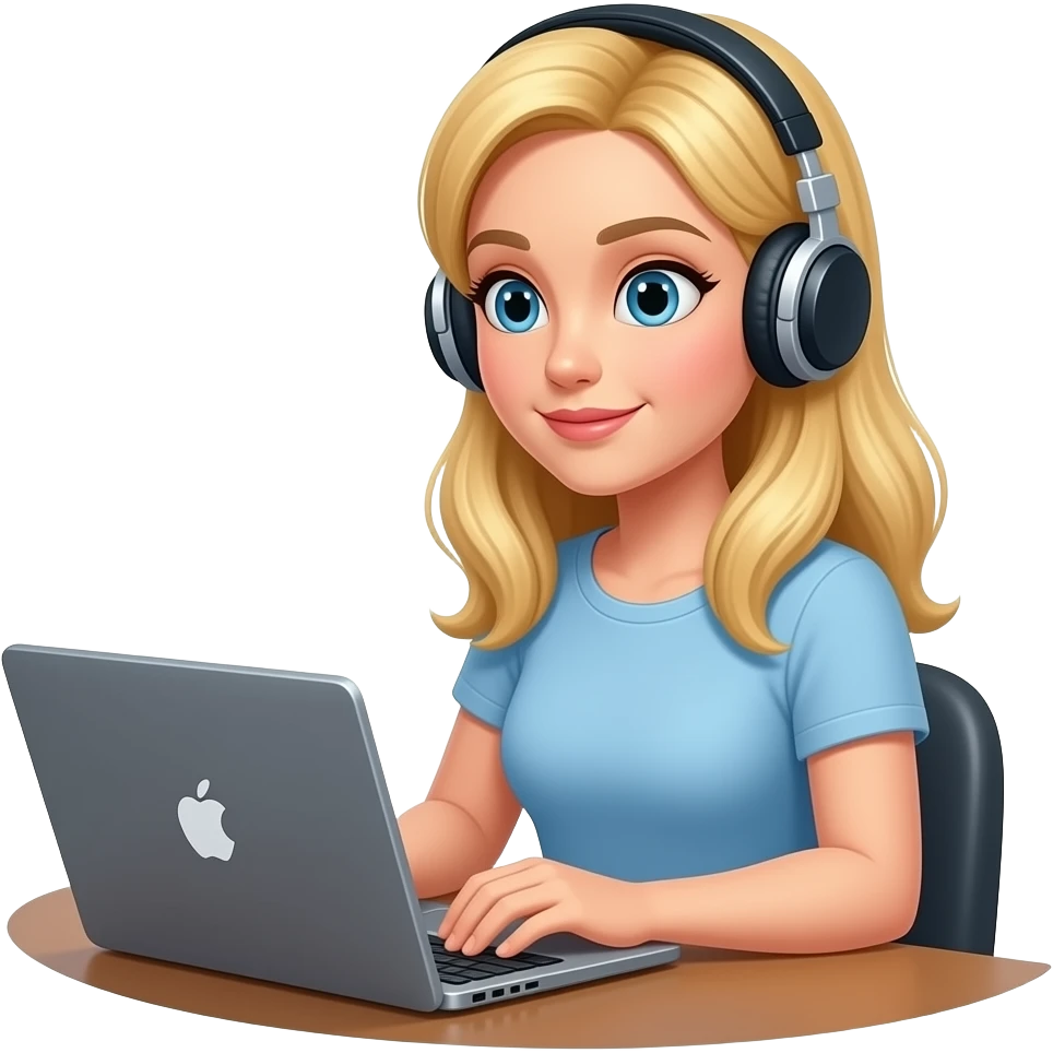 images of blond woman with headphones on looking at laptop computer emoji