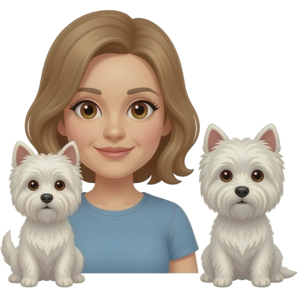 Middle age woman brown eyes , shoulder length light brown hair, with a female westie and a male westie emoji