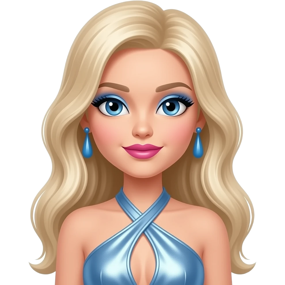 Cloe from Bratz with blue eyes, long blonde hair, blue eyeshadow, hot pink lipstick, light blue metallic halter dress, blue earrings emoji