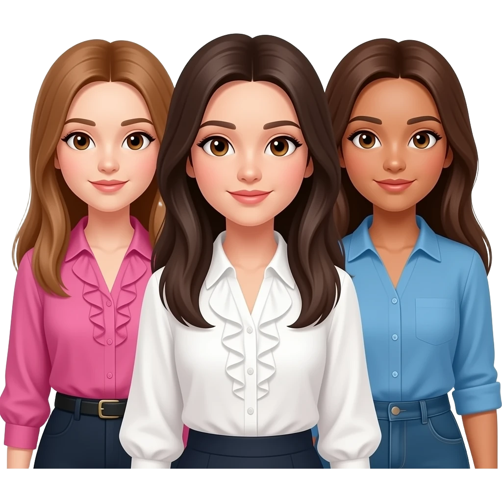 Tres amigas una castaña clarito pelo liso largo ojos marrones con una blusa de volantes rosa,una pelo moreno y liso largo ojos marrones con una blusa de volantes blanca,una con pelo liso marrón ojos marrones y una blusa azul. que se les vea bien a las tres emoji