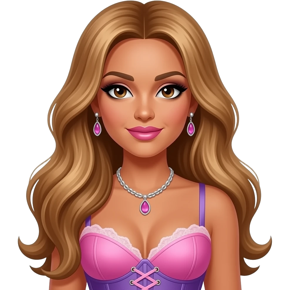 Melody Thornton from The Pussycat Dolls with medium dark skin, brown eyes, long golden brown hair, black eyeshadow, pink lipstick, pink and purple off corset dress, necklace and earrings emoji