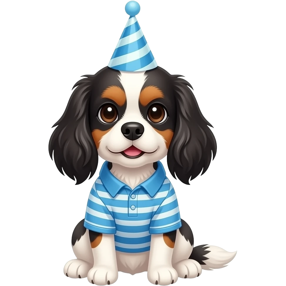 Cavalier King Charles Spaniel sitting in a blue striped thirst with a birthday hat emoji