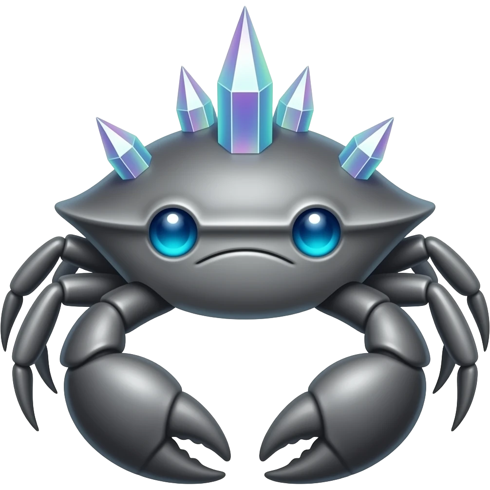 A Gray crab with crystals on its back with blue glowing eyes facing forward emoji