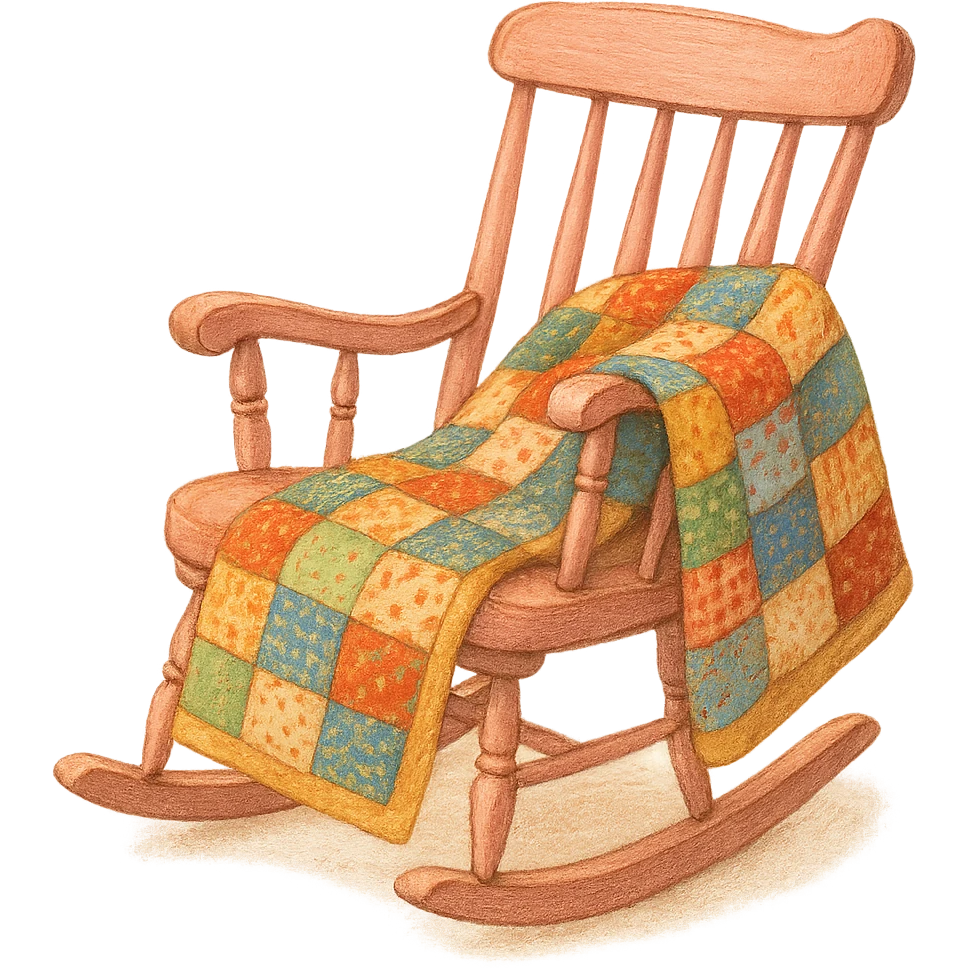 pink rocking chair with a patchwork quilt, cozy emoji