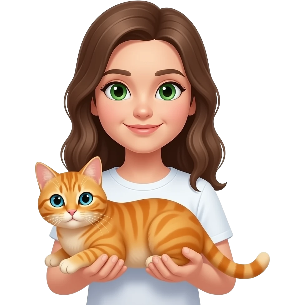 Рыжий кот с голубо зелеными глазами на руках у брюнетки с зелеными глазами в белой футболке emoji