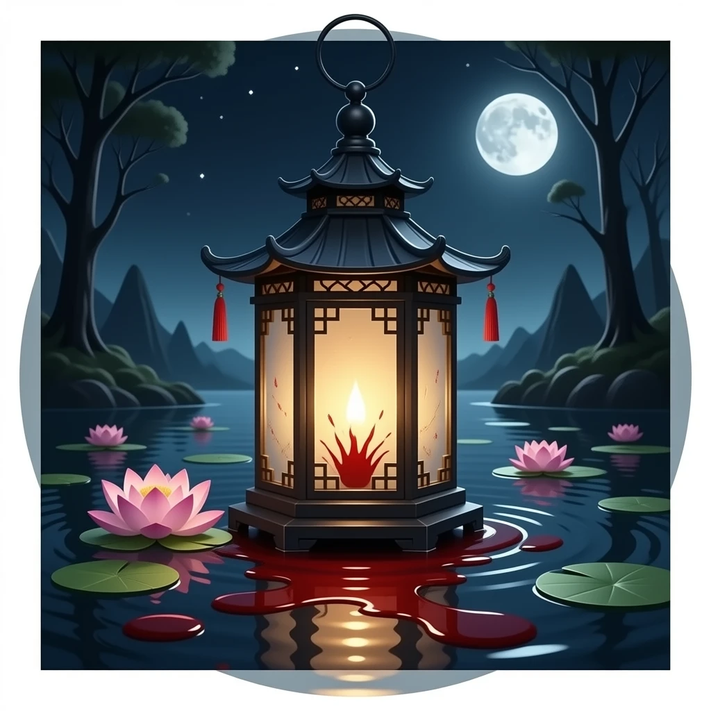 asian lantern, lotus on the water, night, blood, gothic, dark emoji