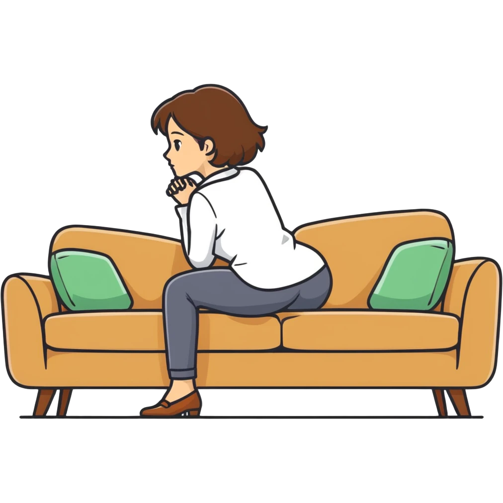  One Caucasian woman with brown hair, big boobs, wearing pants. Bent over couch emoji