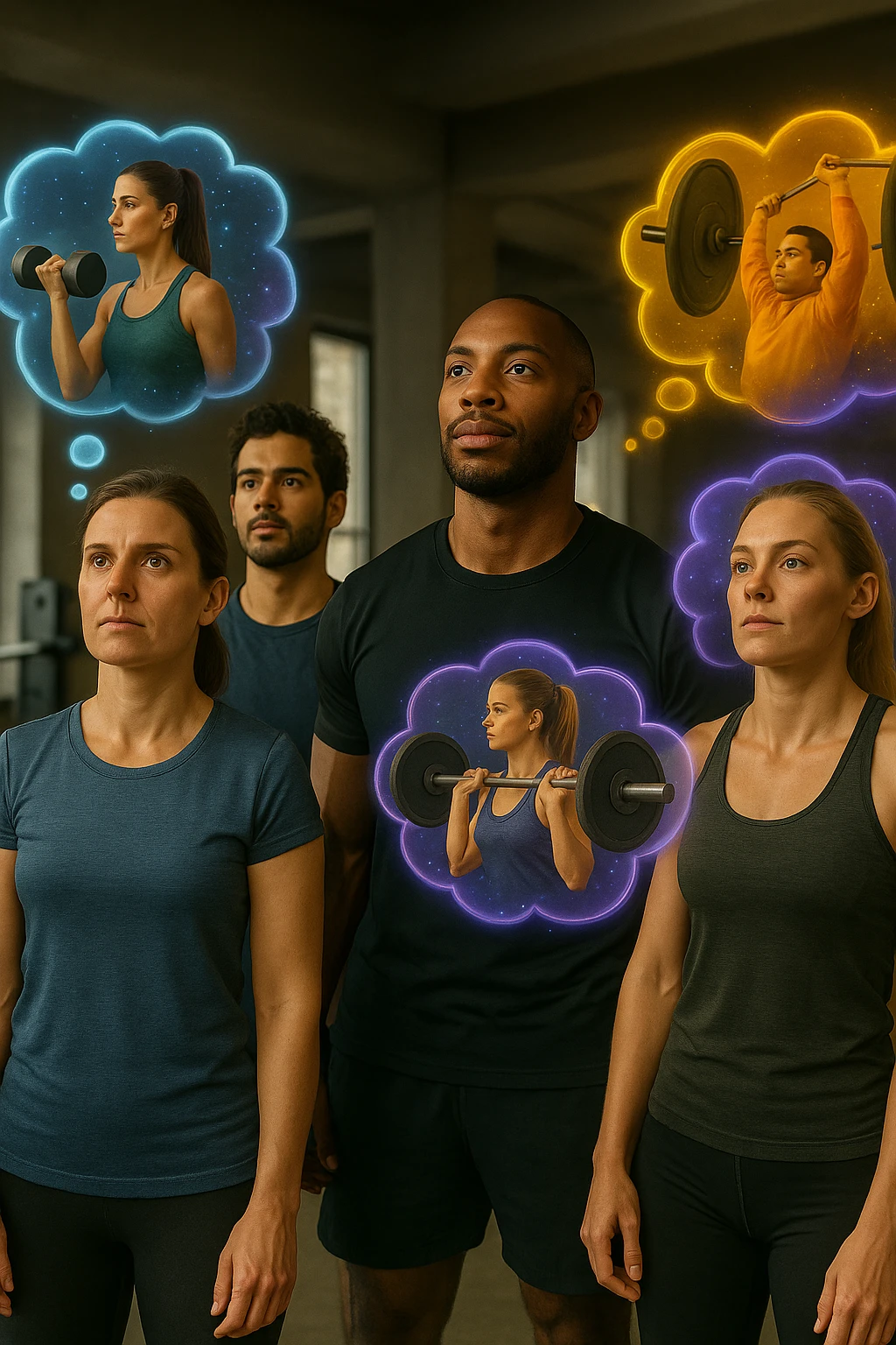 Enhance the same scene with even more emphasis on the visual effects of the thought clouds: make the clouds brighter, more colorful, and dynamic, with details suggesting energy and motivation. Maintain a realistic and cinematic style, aspect ratio 2:3. emoji