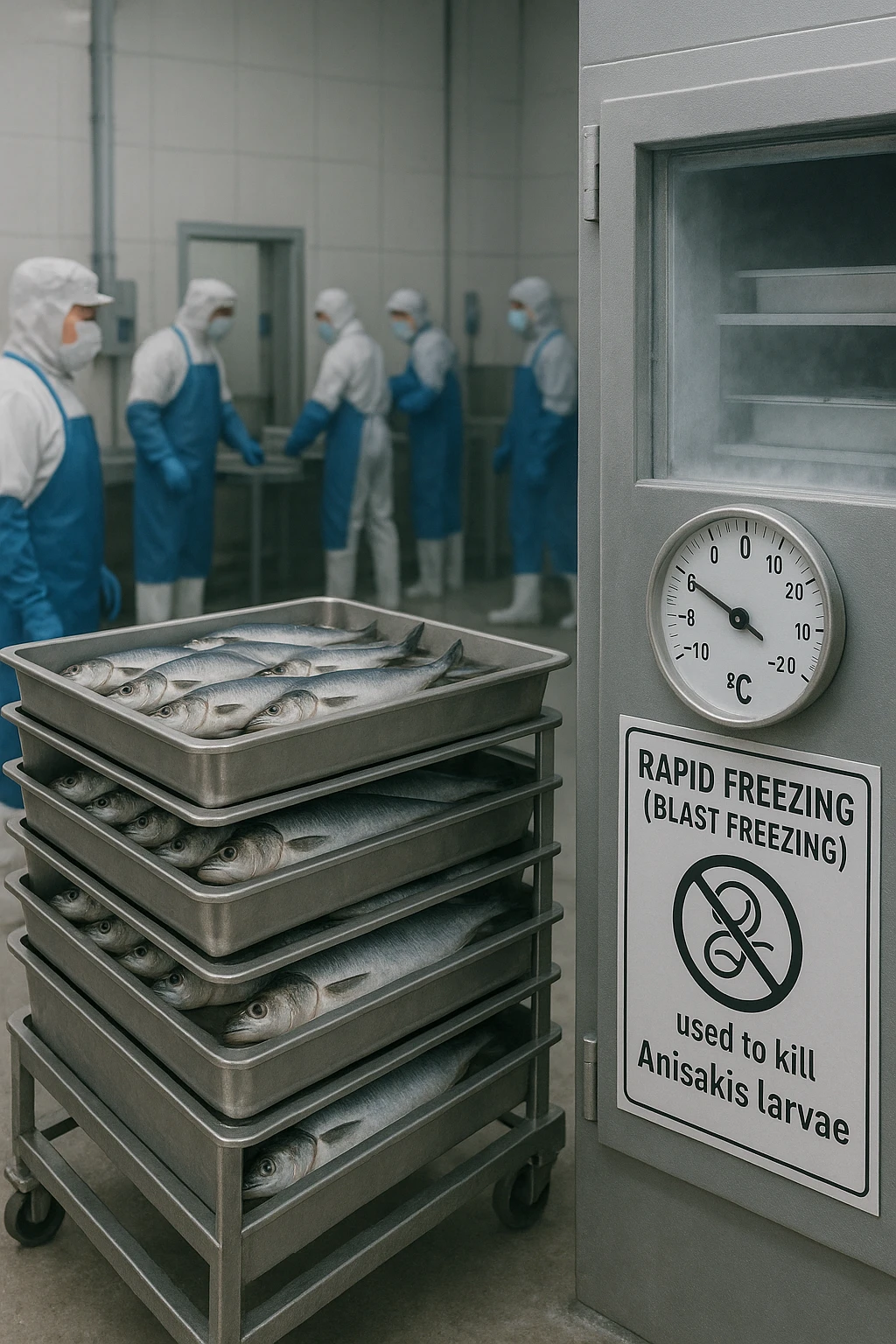 a fish processing facility where freshly caught fish are placed on trays and moved into a large industrial freezer. A temperature gauge shows -20°C, and an educational label explains that rapid freezing (abbattimento) is used to kill Anisakis larvae. The background includes workers in protective clothing and clear signage about food safety. in italiano emoji