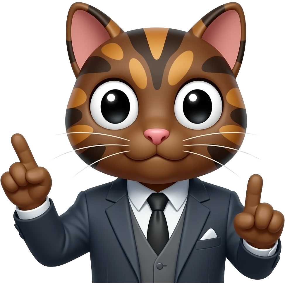 A black base Tortoiseshell cat face emoji looking like a eager professor with gassed and paw up with one finger up emoji