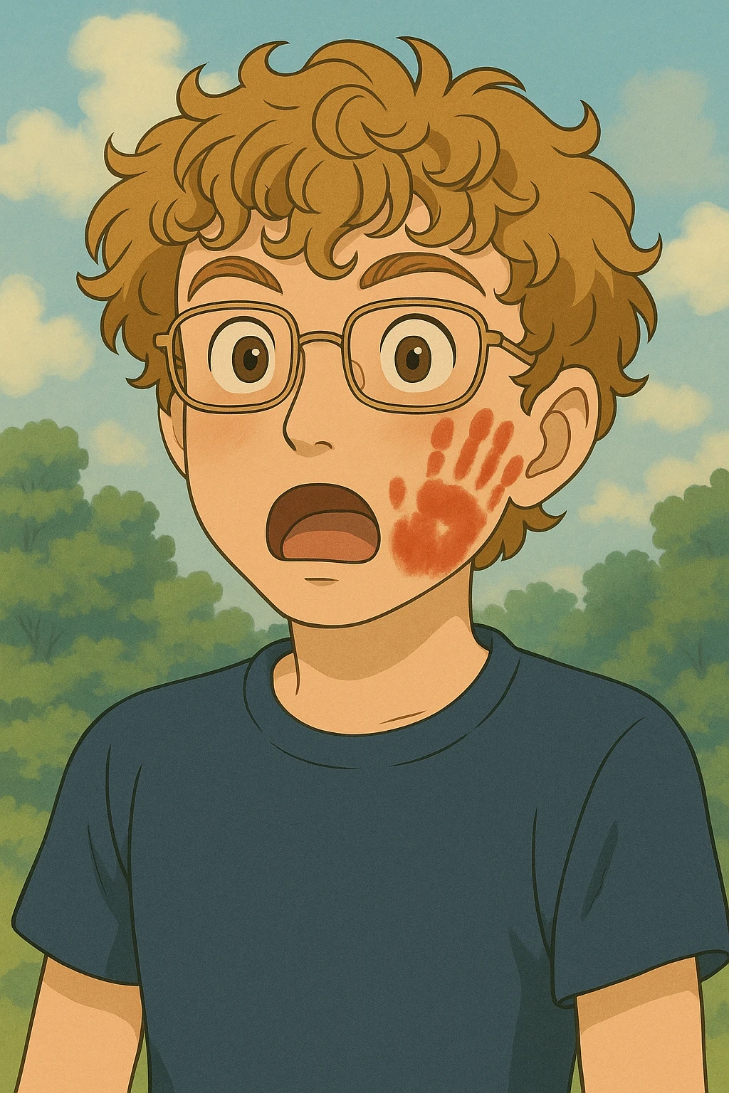 Make the boy look more like the reference photo with curly light brown hair, glasses, fair skin, and similar facial features in a ghibli style. Show him surprised with a red handprint on his cheek. emoji