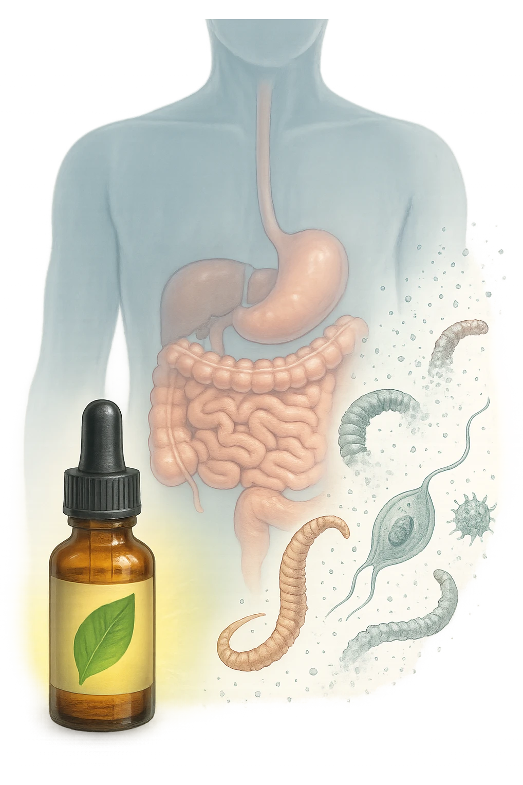 A realistic, high-quality medical illustration showing microscopic parasites leaving the human intestines, symbolically dissolving and breaking apart, after the intake of natural kinesiological drops. The drops are shown in a small amber glass dropper bottle in the foreground with a green leaf on the label, emitting a subtle glow symbolizing detox and cleansing. The background depicts a semi-transparent human silhouette with a highlighted digestive tract, showing clean, healthy intestines, while parasites in translucent fading colors are moving out, symbolizing elimination. The atmosphere is clean, fresh, and conveys a sense of natural healing, detoxification, and hope. emoji