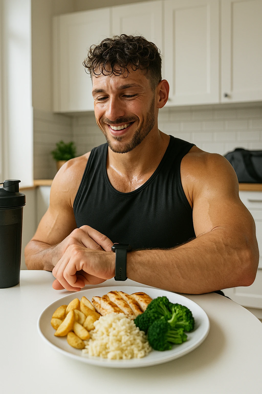 a fit man in his 30s, still in gym clothes and slightly sweaty, sits at a kitchen table right after a workout. In front of him is a balanced meal with a generous portion of rice, pasta, or potatoes, along with lean protein and vegetables. He checks his watch or a fitness app, smiling with satisfaction as he times his post-workout meal. The background is a bright, modern kitchen, with a shaker bottle and gym bag visible. emoji