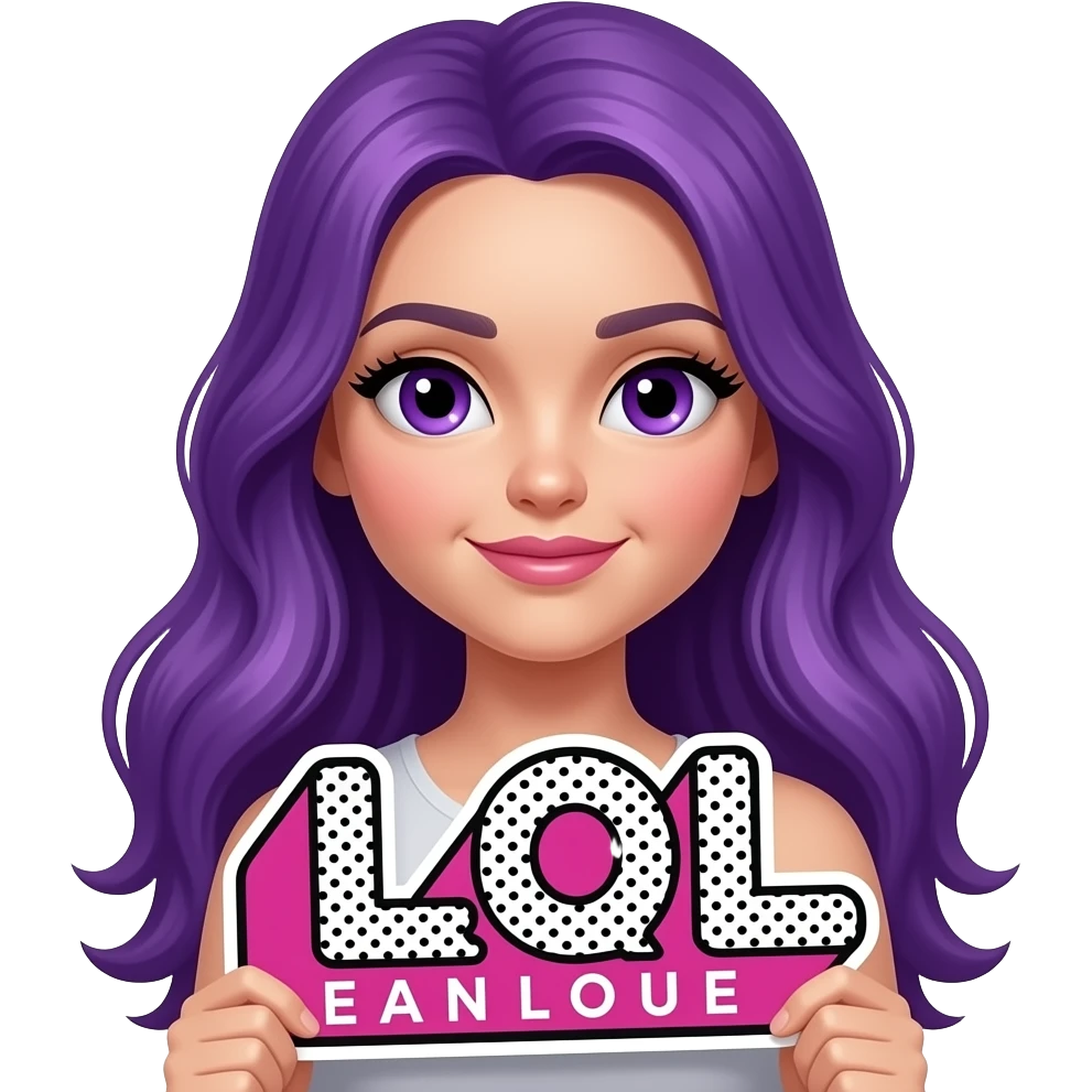 sexy girl with long purple hair and purple eyes holding a L O L sign emoji