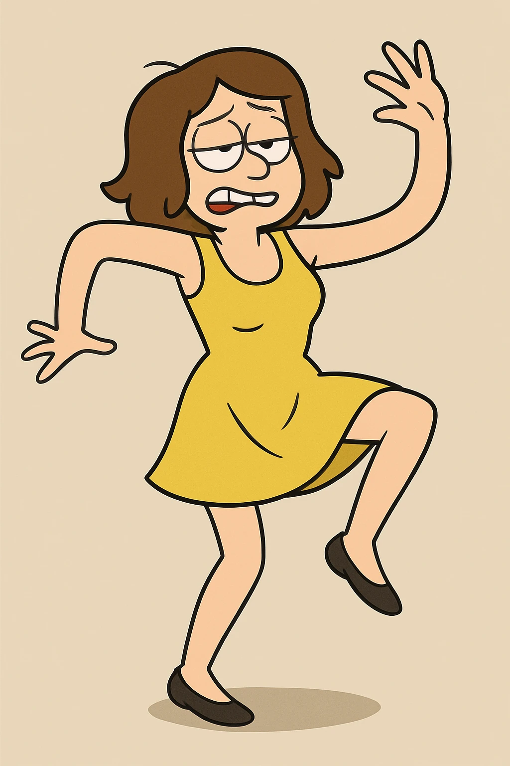 Change the dress to yellow, keep the woman with clumsy dance moves in the same style and pose. emoji