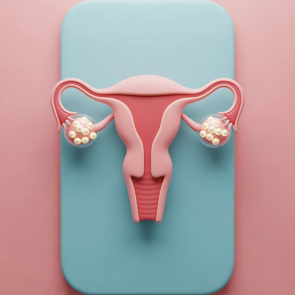 3D icon in Imagen 4 Ultra style representing PCOS: stylized uterus with highlighted polycystic ovaries, delicate colors, vertical 2:3 aspect ratio, no background, modern 3D effect emoji