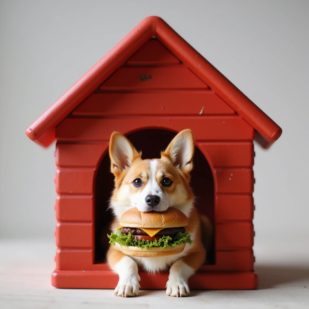 realistic red dog house with a Corgi dog inside, Corgi with a hamburger, photorealistic style emoji