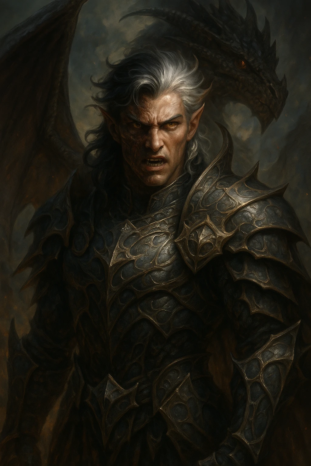 half human, half dragon character with silver hair that is black at the top, fantasy style, detailed, dramatic lighting emoji