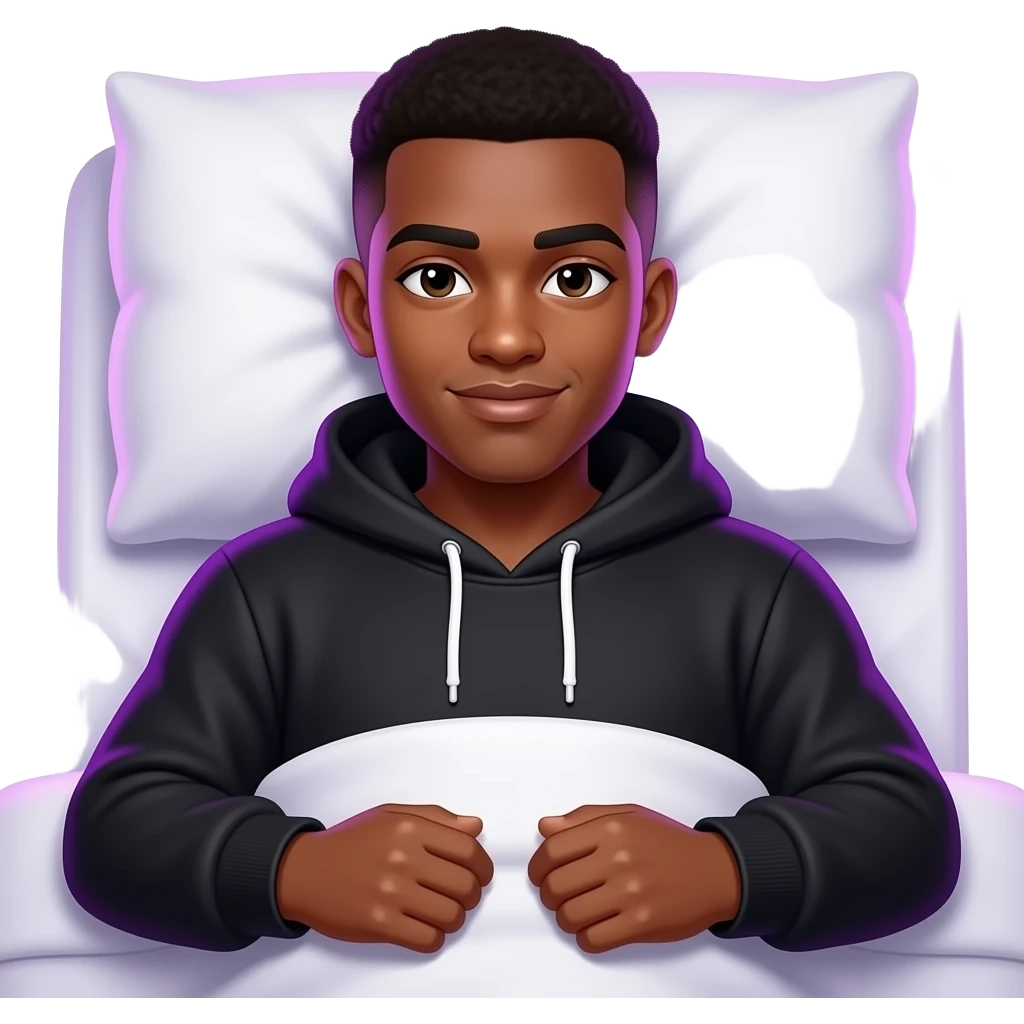 make a black skinned 20 year old man in a brown low taper fade in his bed under the covers in a black sweatshirt with his hood on and all the light are turned off but there is purple led lights emoji