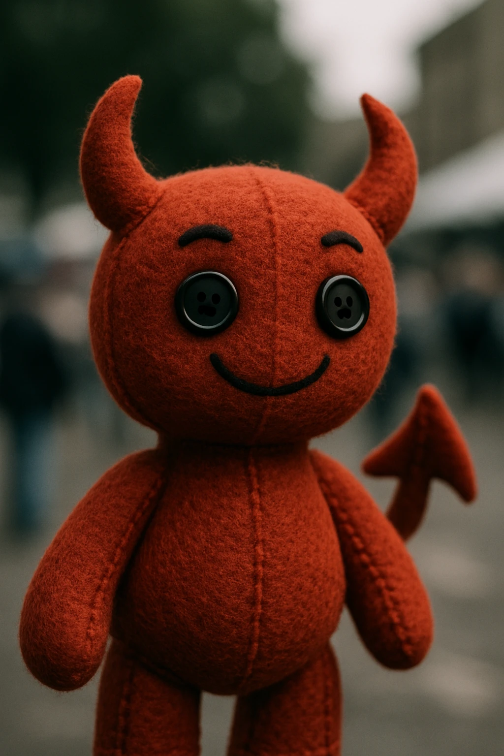 cute devil plush toy with soft texture, button eyes, adorable emoji