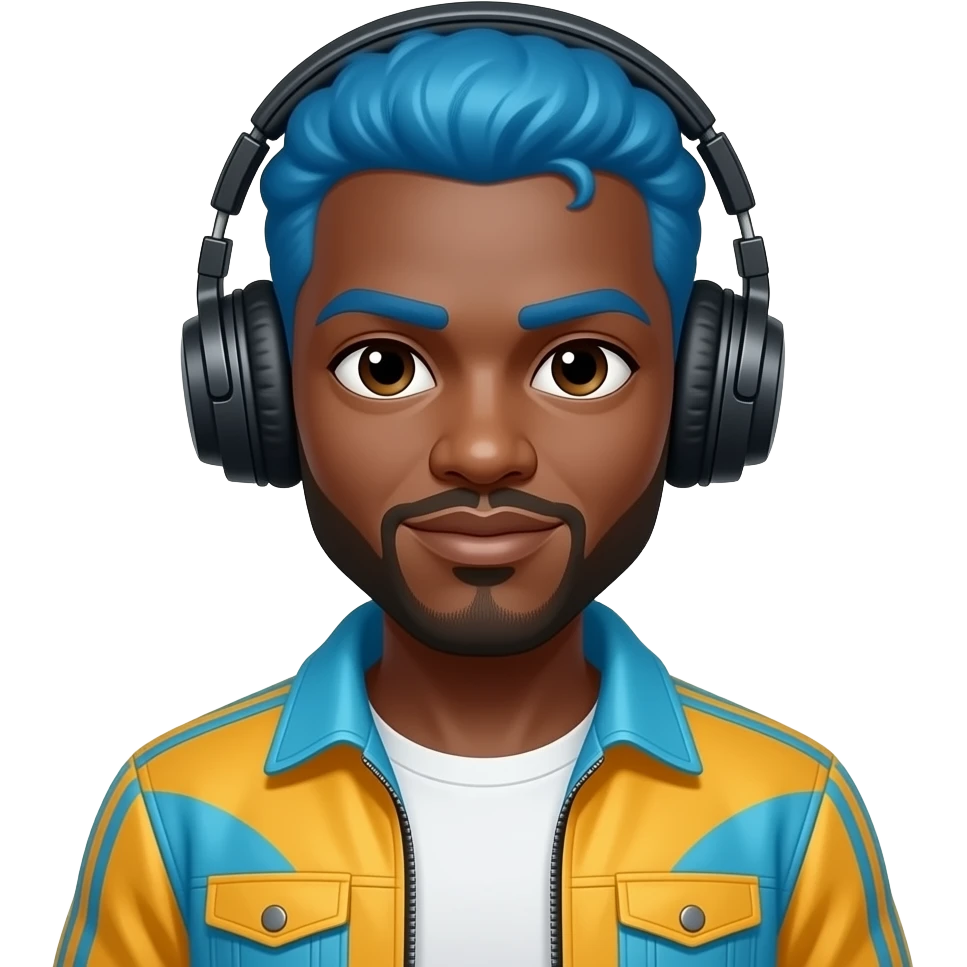 african male blue hair Dj  with bright jacket, head phoes emoji