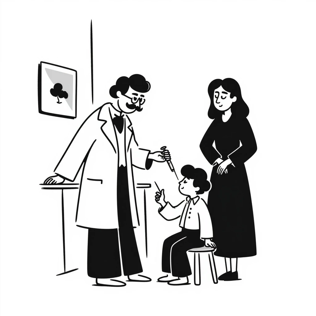 A Victorian doctor giving a young poor boy a vaccination with the boy's mother in the background looking worried emoji