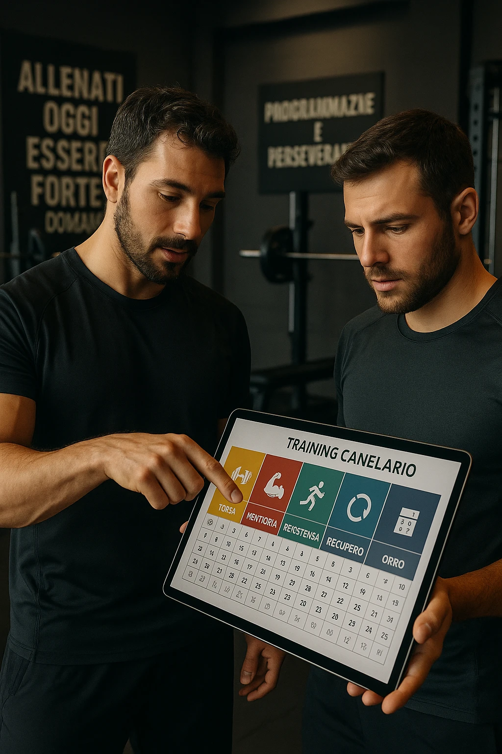 realistic cinematic photo a personal trainer and a client stand in a modern gym, reviewing a large, color-coded training calendario or chart on a tablet. The calendario shows different phases (Forza, Ipertrofia, Resistenza, Recupero) with icons and dates. Around them, gym equipment and motivational posters reinforce the idea of structured, periodized training. in italiano emoji