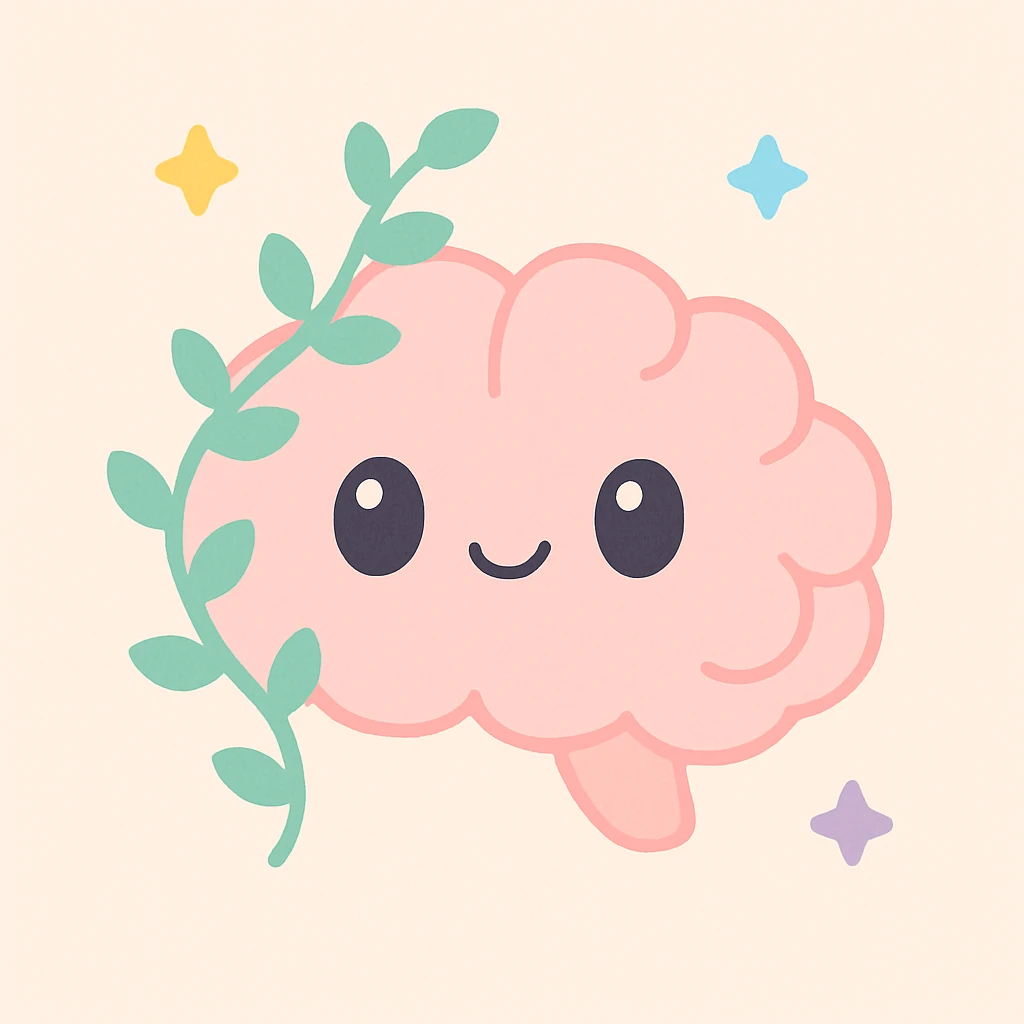 a brain with a vine growing up and around it, warm mental health vibes, soft colors, gentle lighting, inviting and positive mood, soft pastel palette, gentle glow, cozy and nurturing atmosphere, warm tones, representing positive mental health, mental health support theme, stylized, uplifting emoji