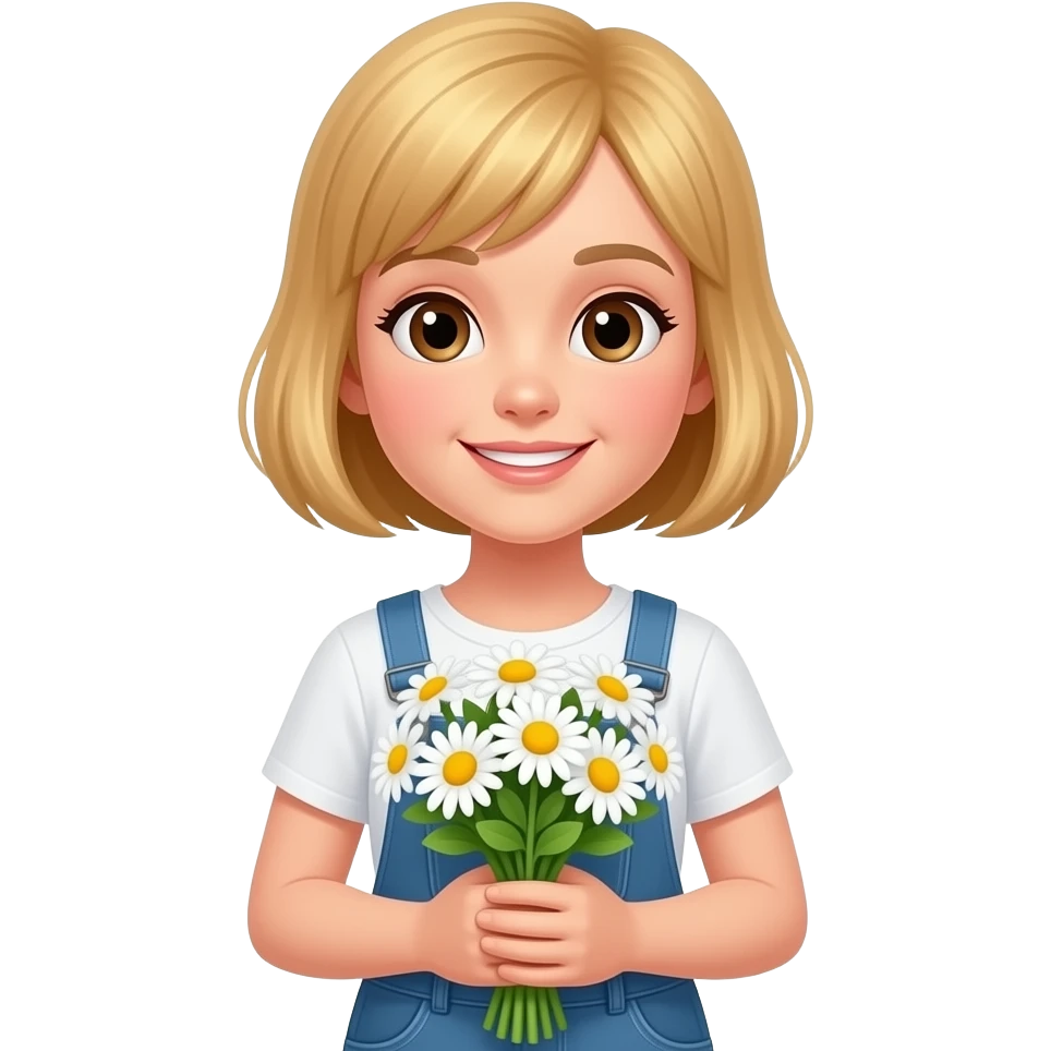 a blond teenage girl with bob haircut and brown eyes standing full height and holding a bouquet of daisies emoji