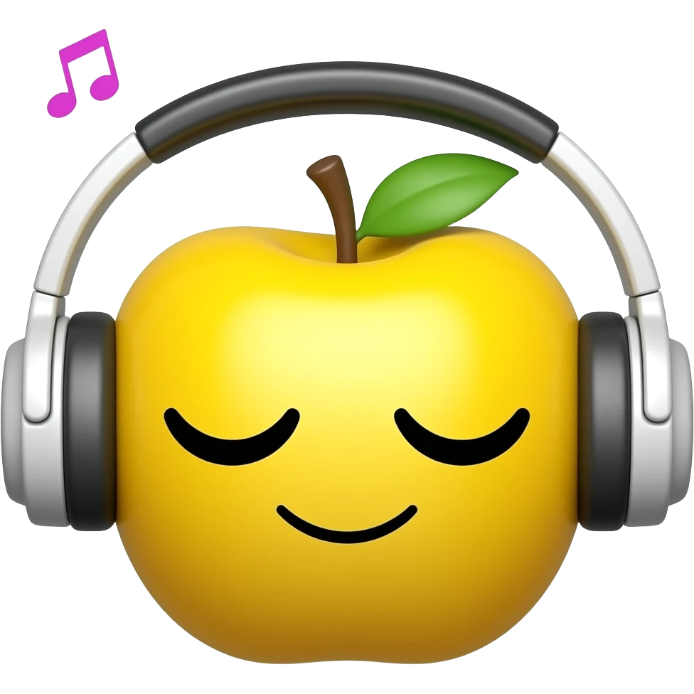 yellow emoji apple style listening music with big white headphones and musical notes, with the eyes closed and a little smile emoji