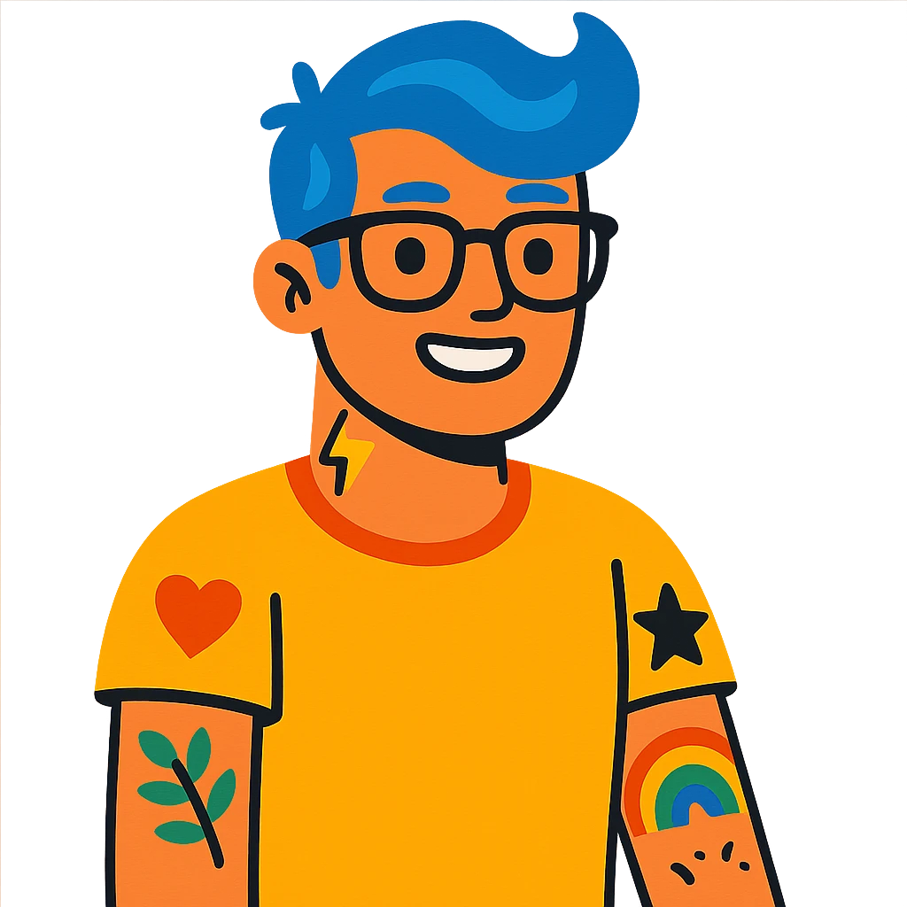 character with blue hair, glasses, and tattoos emoji