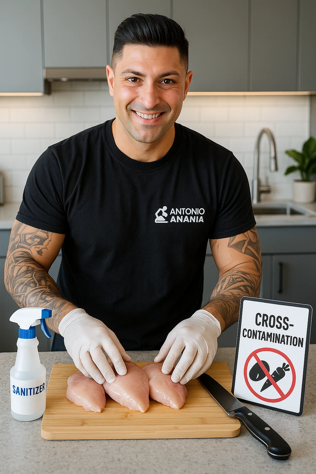a man person in a modern kitchen handles raw chicken breasts on a cutting board, wearing disposable gloves. Nearby, a bottle of disinfectant spray, a separate knife for vegetables, and a warning sign about cross-contamination are clearly visible. The mood is educational, emphasizing safe food handling. in italiano emoji