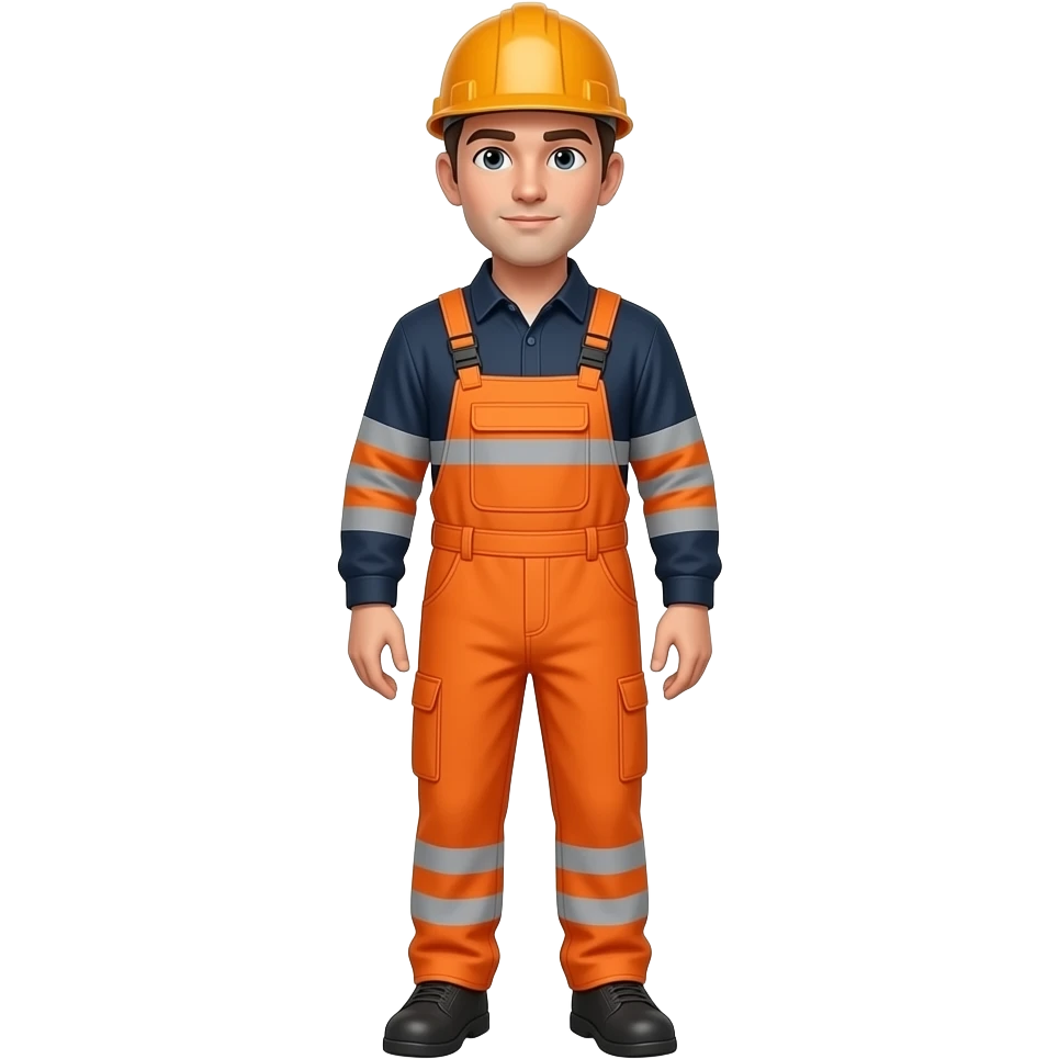 engineer standing full hi vis orange overalls with sleeves, no hard hat, looking left emoji