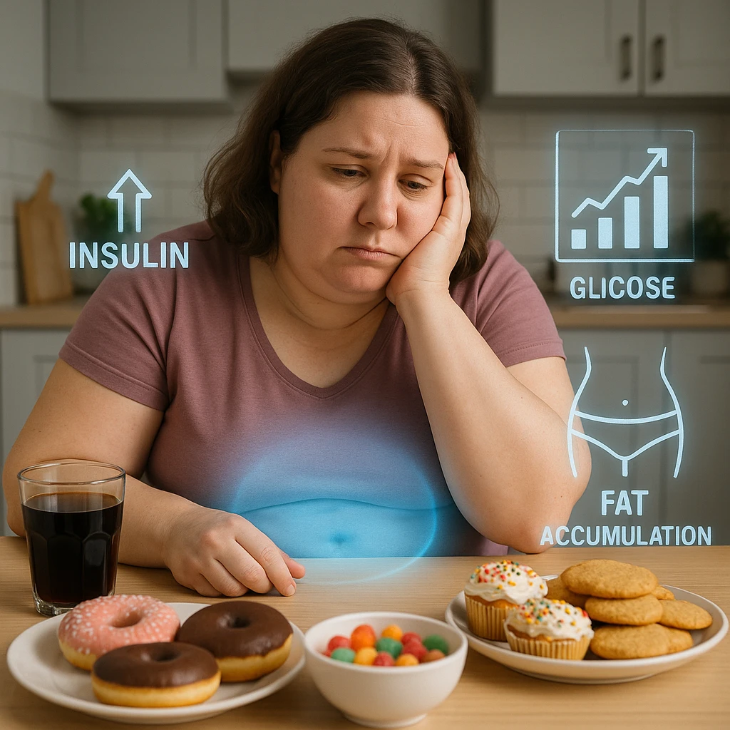 A woman in her late 30s, slightly overweight, sitting tired at a kitchen table with sugary foods in front of her. Her expression frustrated. A faint blue glow surrounds her abdomen, symbolizing metabolic dysfunction. Floating around her body: transparent icons of high insulin, rising blood glucose levels (graph with arrows up), and fat accumulation around the belly and hips. emoji
