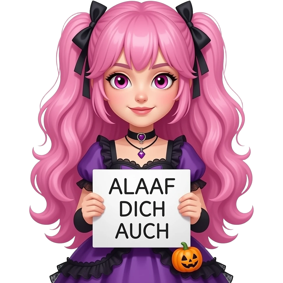 sexy girl with long pink hair and pink eyes wearing a halloween dress holding a ALAAF DICH AUCH sign emoji