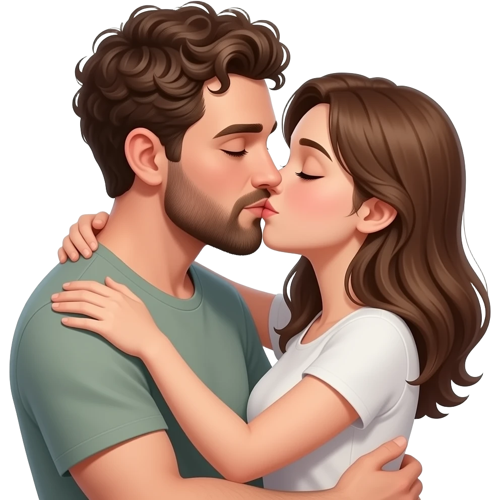 Realistic white man super short curly brown hair with beard kissing passionately and hugging realistic white girl brown hair emoji