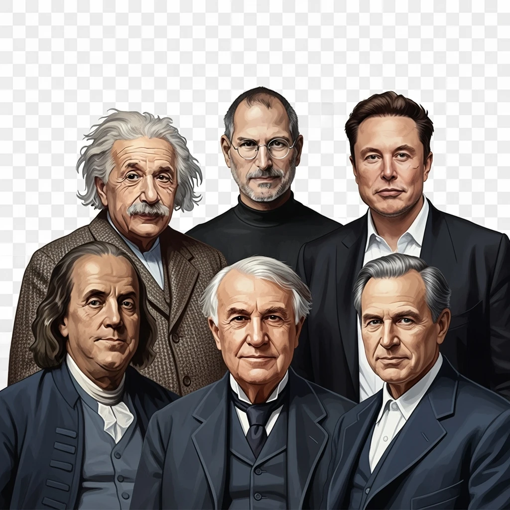 Generate in realistic style Franklin, Edison, Ford in the first row, Einstein, Jobs and Musk in the second behind them. png on transparent background emoji