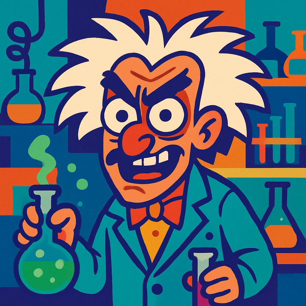 mad genius with wild hair, intense eyes, eccentric expression, in a laboratory, vibrant colors emoji
