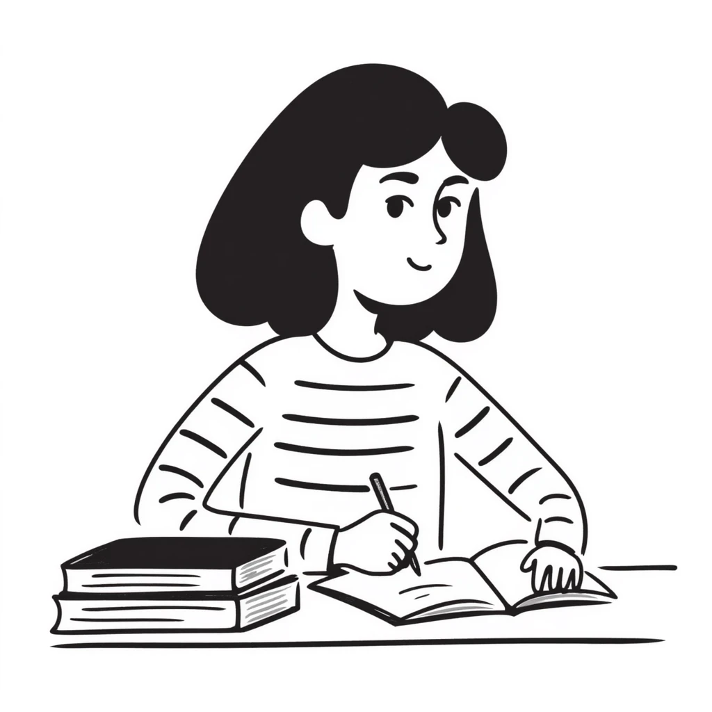 female student sitting at desk, taking notes, attentively listening to a lecture, focused expression emoji
