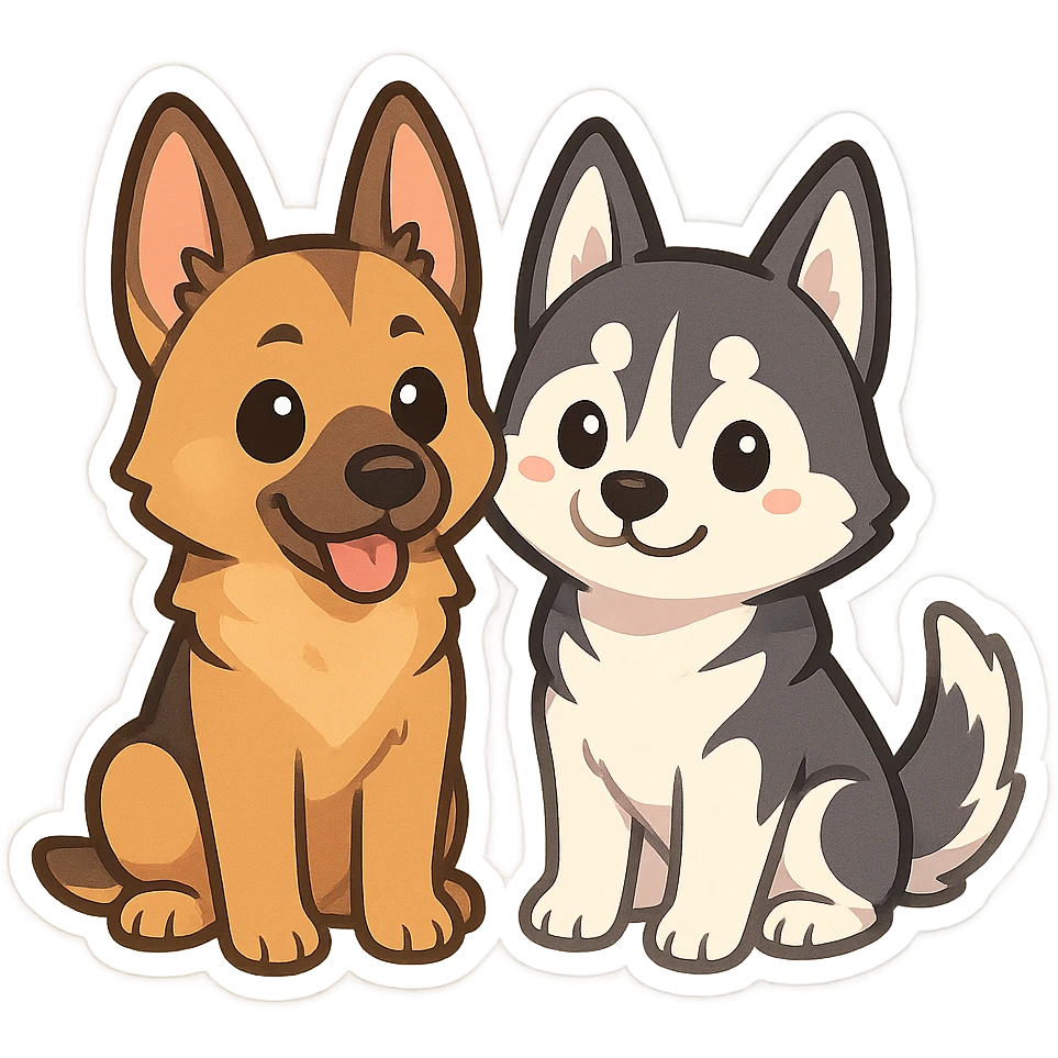 chibi sticker of two dogs, one German Shepherd and one Husky, sitting together, inspired by the reference photo emoji