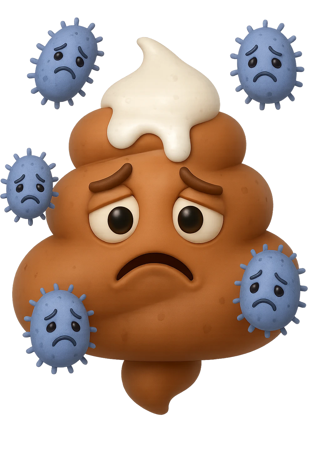 emoji stile iphone 3d di una cacca con muco bianco sopra, dietro cui fluttuano batteri intestinali tristi, iperrealistiche 4k emoji